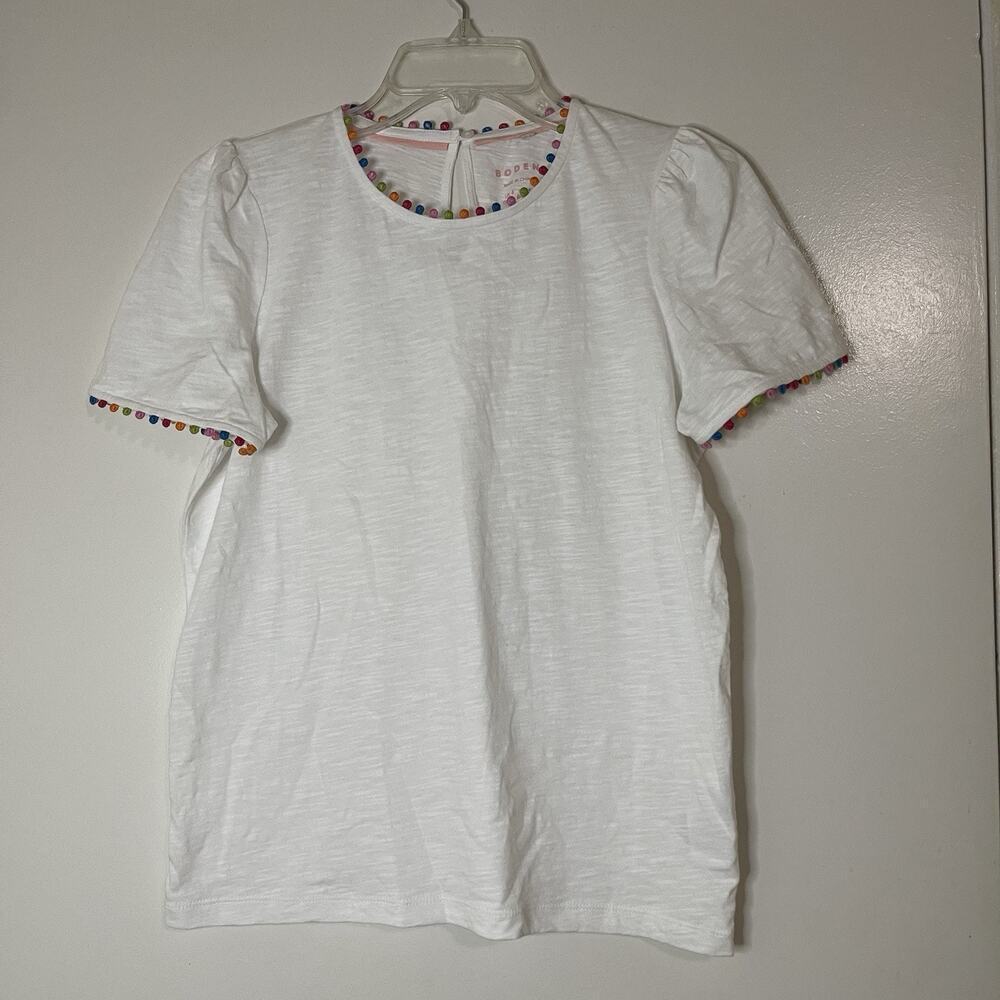 BODEN Ali Puff Sleeve Pom white cotton T-Shirt US 4